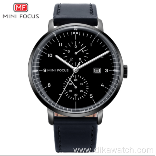 Hot sale MINI FOCUS 0052G luminous waterproof fake two-eye business men's watch genuine Leather wristwatches